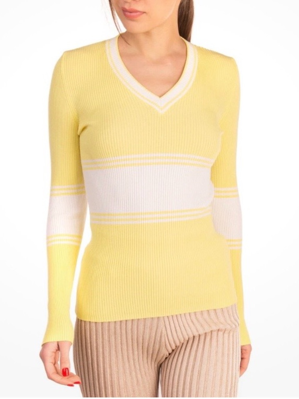 Vicolo Yellow & Cream Two-Tone Ribbed V-Neck Sweater One Size